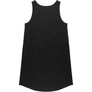 A black sleeveless dress with a slightly curved hemline and a simple design. It features a branding logo.