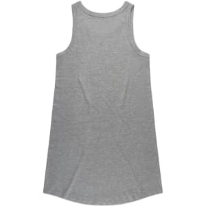 A grey sleeveless dress with a rounded hem and a simple design. Features a brand logo.