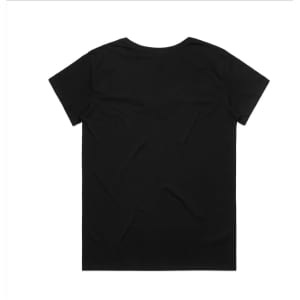 A black T-shirt with a V-neck design, featuring a simple and clean style. The back view shows no visible logos.
