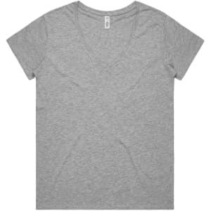 A grey V-neck T-shirt with short sleeves, featuring a branded label.