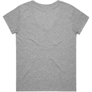 A grey T-shirt with a V-neck and short sleeves. The back view is displayed, featuring a logo.