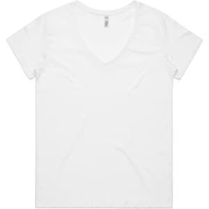 A white v-neck t-shirt with short sleeves, featuring a branding logo inside the collar.
