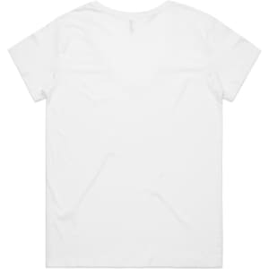 A white V-neck T-shirt featuring a simple design and a branding logo on the back.