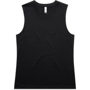 A black sleeveless tank top featuring a logo. Suitable for casual wear or activewear.