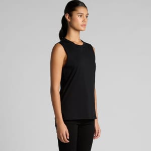 A black singlet tank top displayed on a model, featuring a simple design and clean lines. It has a branding logo.