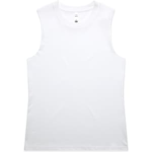 A white tank top with a fitted design, featuring a logo at the neckline.
