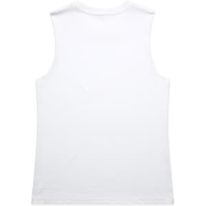 A white sleeveless tank top featuring a simple design and a branding logo.