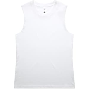 A white singlet tank top with a simple design and no embellishments, featuring a logo on the label.