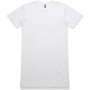 An oversized white dress t-shirt with short sleeves and a logo at the neckline.