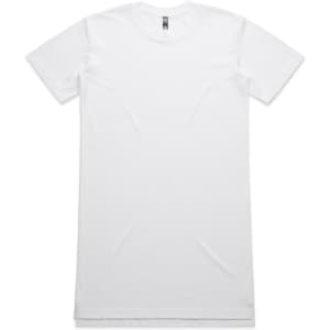 A white oversized dress T-shirt displayed flat against a plain background, featuring a branding logo.