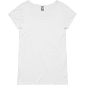 A white T-shirt with a scoop neckline and short sleeves, featuring a logo on the label.