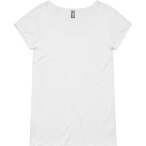 A white T-shirt featuring a relaxed fit and short sleeves, with a label at the neckline and no visible branding.