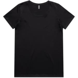 A black t-shirt with a round neckline and short sleeves. The shirt has a logo on the label.