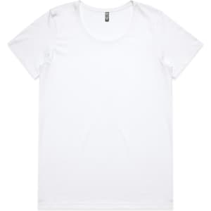 A white women's T-shirt with a round neckline and short sleeves. It features a small logo at the neck.