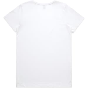 A white t-shirt with short sleeves and a plain back. Includes a branding logo.