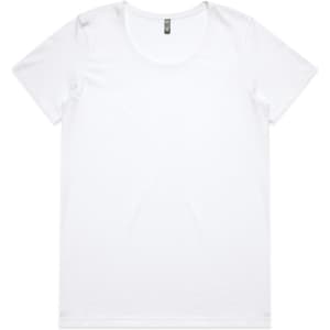 A white T-shirt with a round neckline, featuring a branding logo. Simple and plain design.