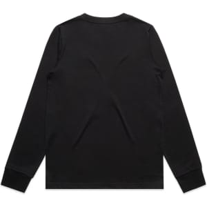 A black long-sleeve t-shirt with a simple back design and fitted cuffs. It features a logo.