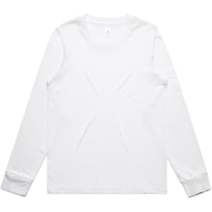 A long-sleeve white t-shirt with a simple design and a logo on the label.