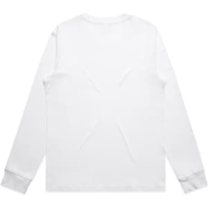A long-sleeve white tee with a smooth finish and fitted cuffs, featuring a logo on the back.