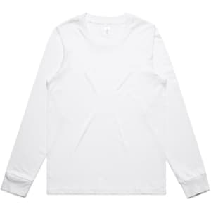 A long-sleeve white T-shirt with a simple design and a logo on the front.