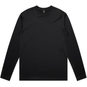 A black long-sleeve T-shirt featuring a simple design and a logo. It's made from activewear fabric.
