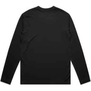 A black long-sleeve t-shirt with a smooth texture, featuring a logo on the back.