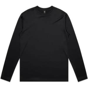 A black long-sleeve active T-shirt with a round neckline and a branding logo.
