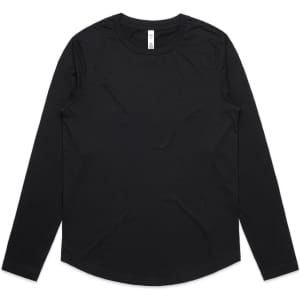 A black long-sleeve T-shirt with a round neck and a simple design. It has a logo on the label.