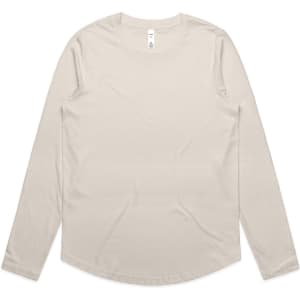 A long-sleeved, cream-coloured t-shirt with a round neckline and a logo on the label.