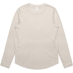 A long-sleeve T-shirt in a soft beige colour with a round neckline and a logo.