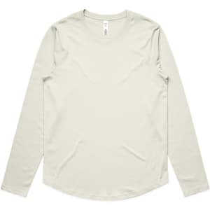 A light grey long-sleeve tee made from soft fabric, featuring a rounded hem and a logo on the label.