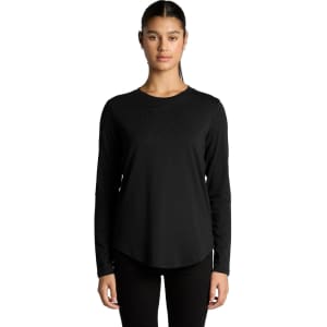 A black long-sleeve tee with a rounded hem, featuring a logo on the front.