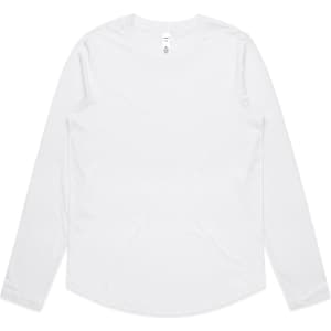 A long-sleeved white t-shirt featuring a round neckline and a subtle logo on the label.
