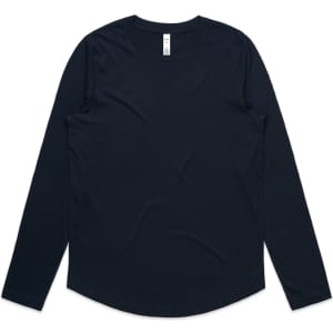 A long-sleeve t-shirt in dark navy blue with a rounded hem and a label inside the neckline.