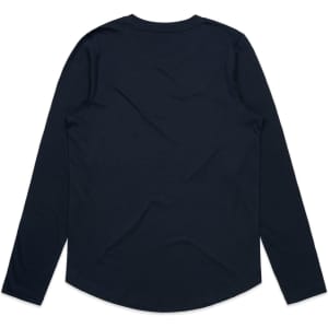 A long-sleeve T-shirt in navy blue with a curved hem and a logo on the back.
