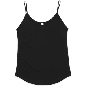 A black singlet with thin straps, featuring a curved hemline and a logo on the side.