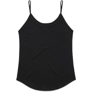 A black singlet with thin straps and a curved hem, featuring a logo.