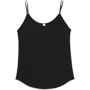 A black singlet with thin straps and a slightly curved hem, featuring a branding logo.