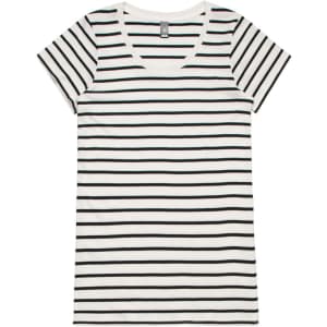 A striped tee in white with black stripes, featuring a v-neck and short sleeves. Includes a branding logo.