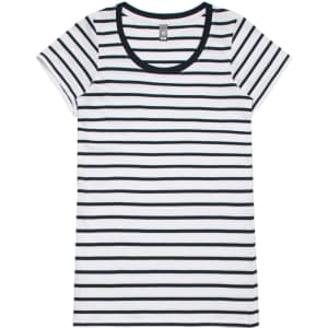 A striped tee in white and navy with short sleeves and a rounded neckline, featuring a logo on the label.