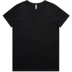 A black V-neck tee featuring short sleeves and a simple design. It has a branding logo on the label.