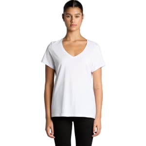 A white V-neck T-shirt with short sleeves, featuring a logo on the hem.
