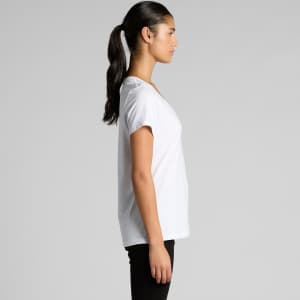 A white V-neck T-shirt is displayed, featuring a relaxed fit and short sleeves. It has a logo on the side.