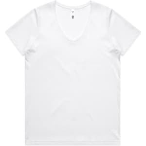 A white V-neck T-shirt featuring short sleeves and a tagless neck. The shirt has a logo on the tag.