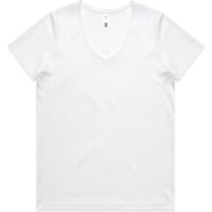 A white V-neck t-shirt with short sleeves and a logo.