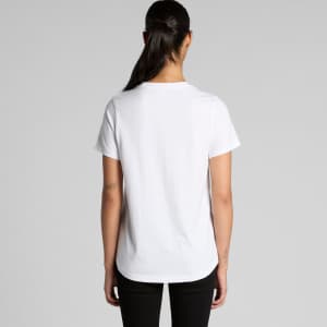 A white, short-sleeved t-shirt featuring a simple design and a logo on the back.