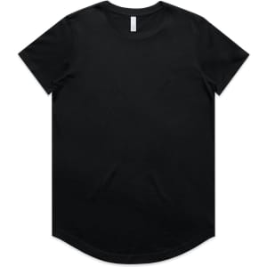 A black T-shirt with a round neckline and a curved hemline, featuring a branding logo.