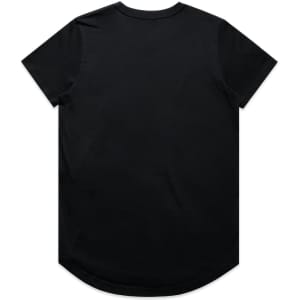 A black T-shirt with a rounded hem and no visible branding on the back.