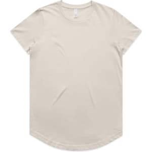 A light beige t-shirt with a rounded neckline and short sleeves. It features a logo.