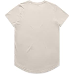 A beige T-shirt with a curved hem and short sleeves. The back is plain with no visible branding.